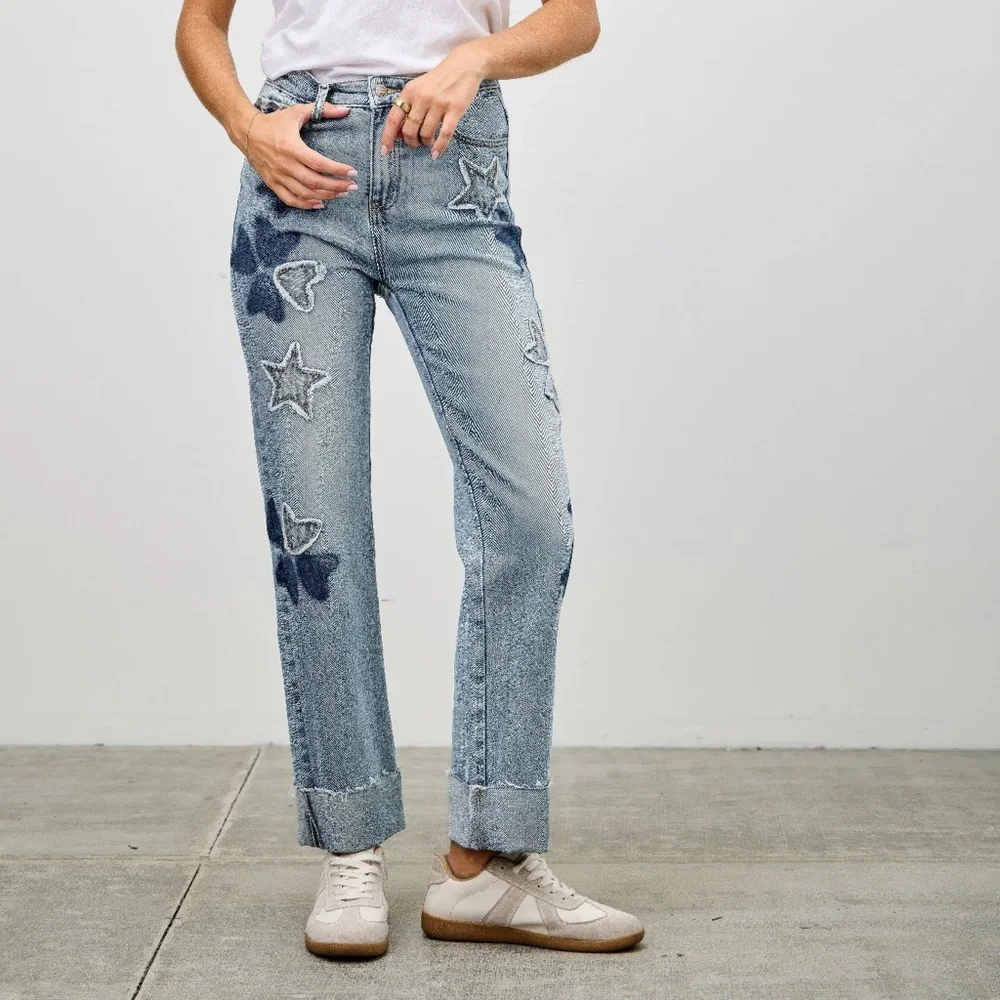 High Rise Star & Heart Patched Dad Jean W/stretch